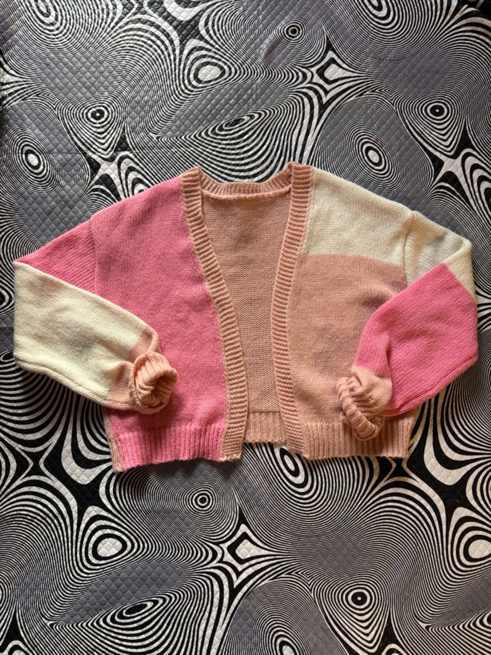 Pastel Colorblock Cropped Cardigan - Pink, Peach & Cream